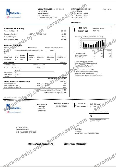 USA California SoCal Gas business utility bill template in Word and PDF formats